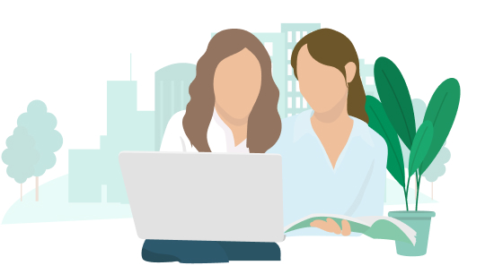 Illustration of two women working at a laptop